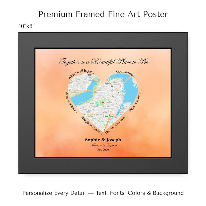 Custom Heart-Shaped Location Map Wall Art -10x8 framed poster-ARTFULANE