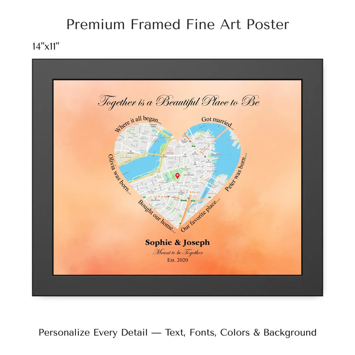 Custom Heart-Shaped Location Map Wall Art -14x11 framed poster-ARTFULANE