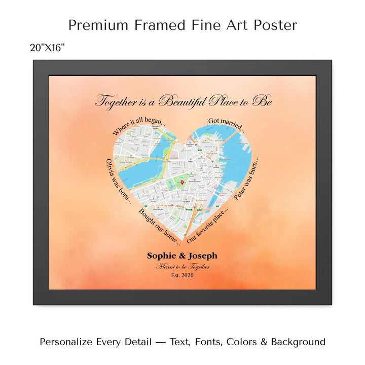 Custom Heart-Shaped Location Map Wall Art -20x16 framed poster-ARTFULANE