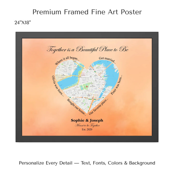 Custom Heart-Shaped Location Map Wall Art -24x18 framed poster-ARTFULANE