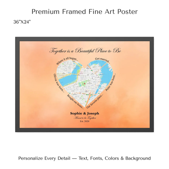 Custom Heart-Shaped Location Map Wall Art -36x24 framed poster-ARTFULANE