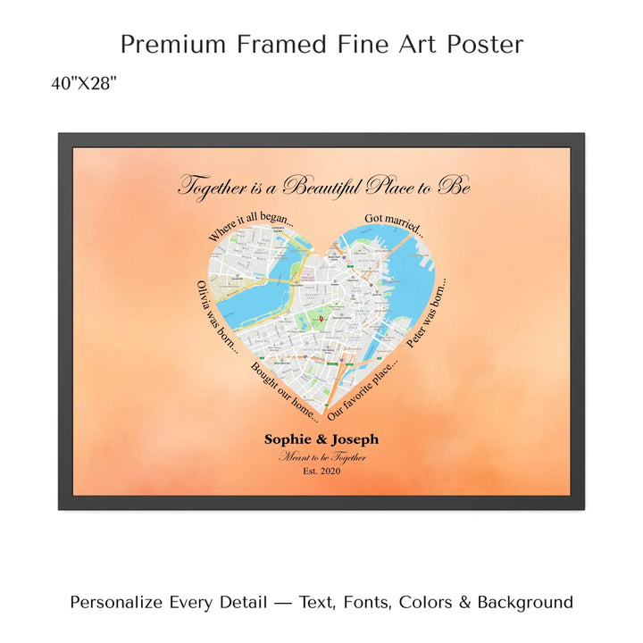 Custom Heart-Shaped Location Map Wall Art -40x28 framed poster-ARTFULANE