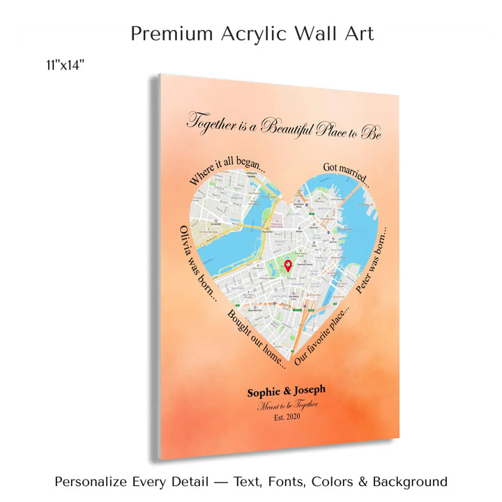 Custom Heart-Shaped Location Map Wall Art -11x14 acrylic print with french cleat-ARTFULANE