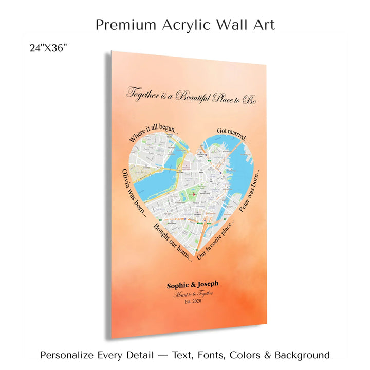 Custom Heart-Shaped Location Map Wall Art -24x36 acrylic print with french cleat-ARTFULANE