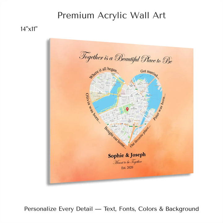 Custom Heart-Shaped Location Map Wall Art -14x11 acrylic print with french cleat-ARTFULANE