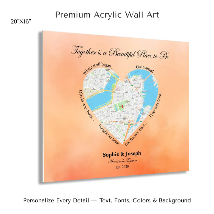 Custom Heart-Shaped Location Map Wall Art -20x16 acrylic print with french cleat-ARTFULANE