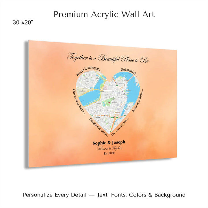 Custom Heart-Shaped Location Map Wall Art -30x20 acrylic print with french cleat-ARTFULANE