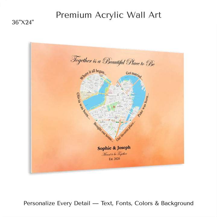 Custom Heart-Shaped Location Map Wall Art -36x24 acrylic print with french cleat-ARTFULANE