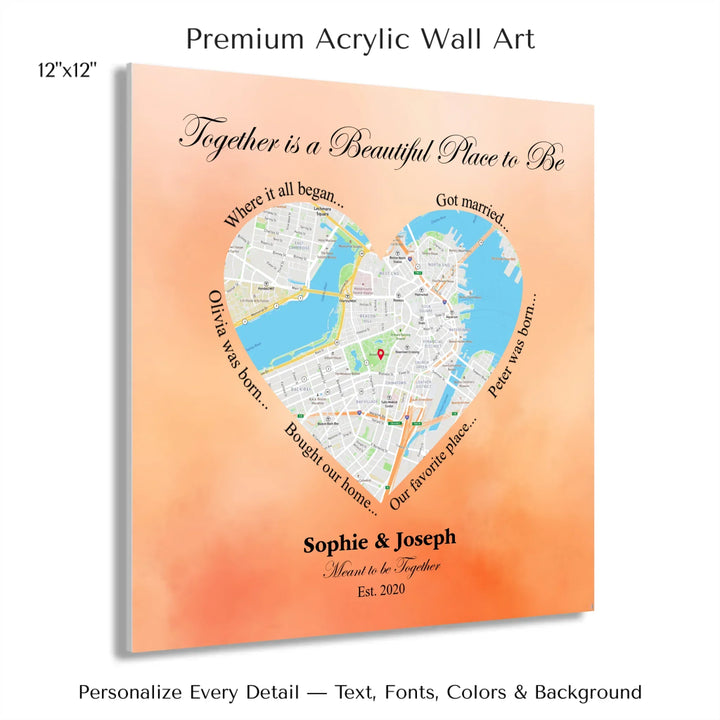 Custom Heart-Shaped Location Map Wall Art -12x12 acrylic print with french cleat-ARTFULANE