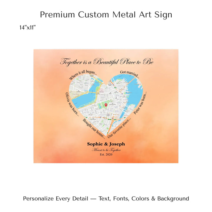 Custom Heart-Shaped Location Map Wall Art -14x11 metal art sign-ARTFULANE