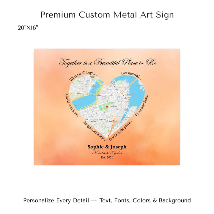 Custom Heart-Shaped Location Map Wall Art -20x16 metal art sign-ARTFULANE