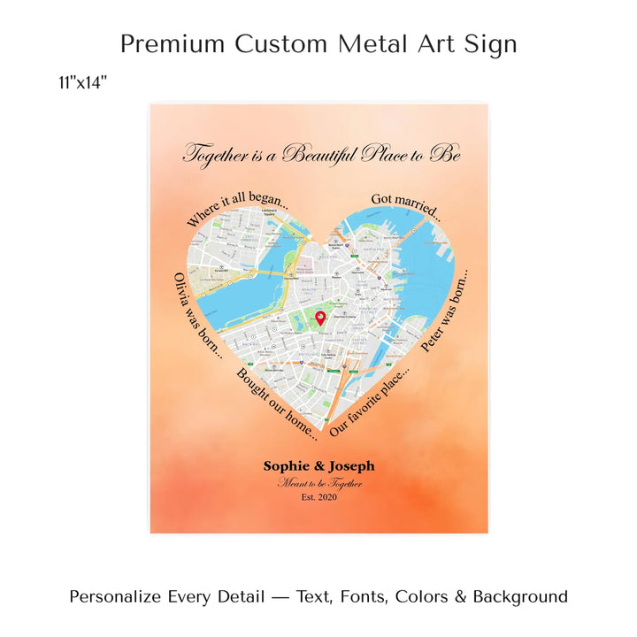 Custom Heart-Shaped Location Map Wall Art -11x14 metal art sign-ARTFULANE