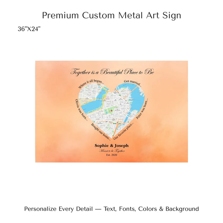 Custom Heart-Shaped Location Map Wall Art -36x24 metal art sign-ARTFULANE