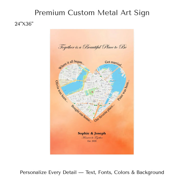 Custom Heart-Shaped Location Map Wall Art -24x36 metal art sign-ARTFULANE
