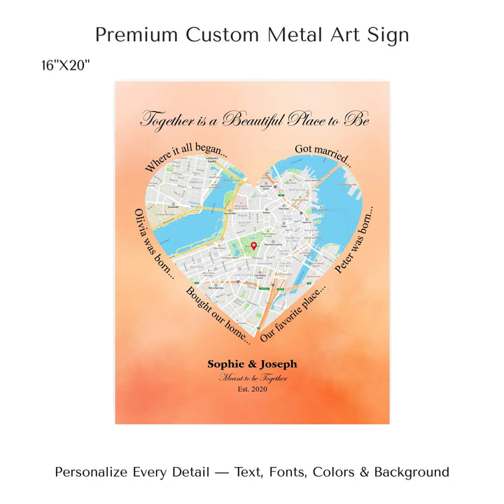 Custom Heart-Shaped Location Map Wall Art -16x20 metal art sign-ARTFULANE