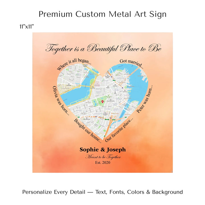Custom Heart-Shaped Location Map Wall Art -11x11 metal art sign-ARTFULANE