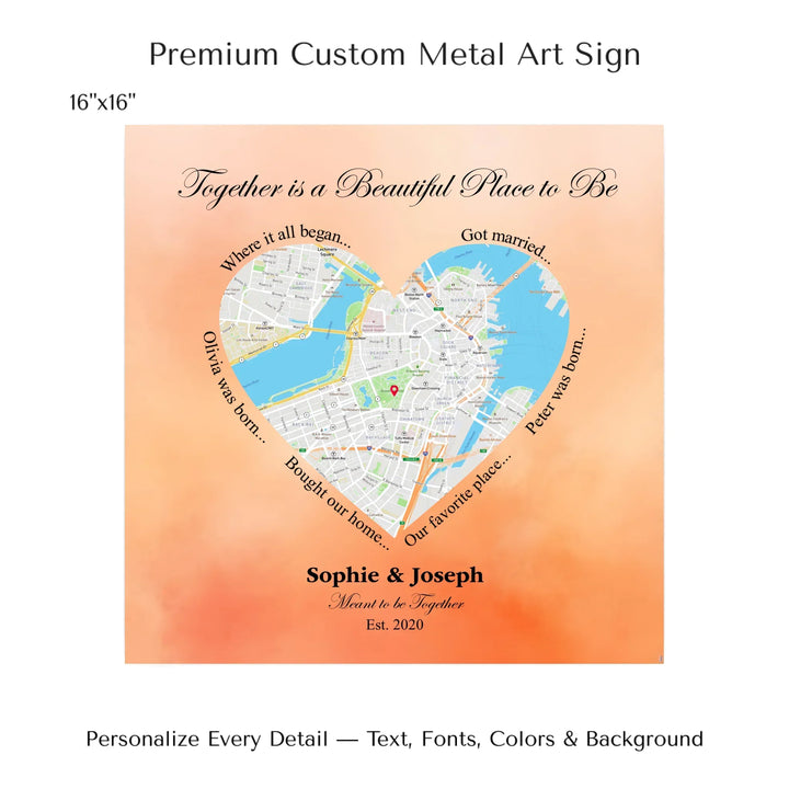 Custom Heart-Shaped Location Map Wall Art -16x16 metal art sign-ARTFULANE