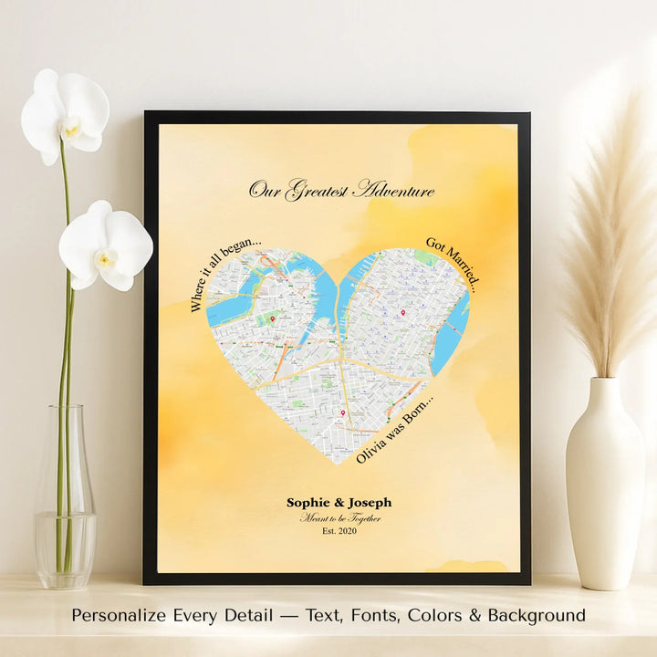 Personalized heart map print showing three meaningful locations with custom title, labels, names, and date - framed canvas on table-ARTFULANE
