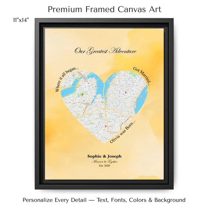 Personalized heart map print showing three meaningful locations with custom title, labels, names, and date - 11x14 framed canvas-ARTFULANE