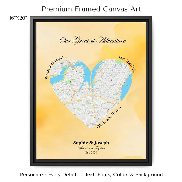 Personalized heart map print showing three meaningful locations with custom title, labels, names, and date - 16x20 framed canvas-ARTFULANE