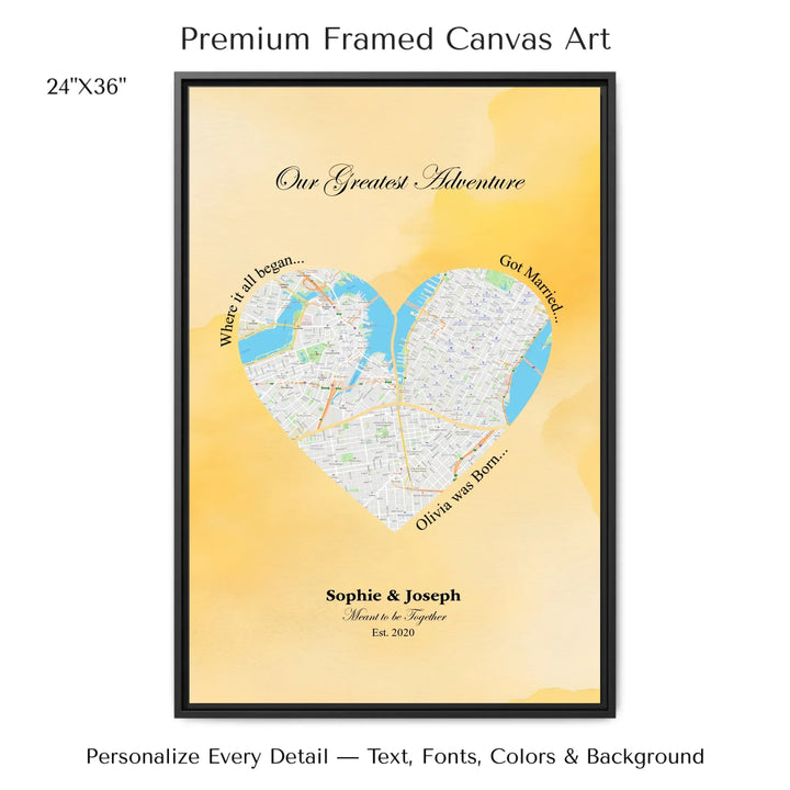 Personalized heart map print showing three meaningful locations with custom title, labels, names, and date - 24x36 framed canvas-ARTFULANE