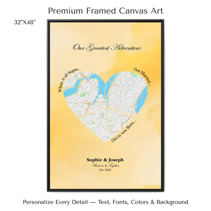 Personalized heart map print showing three meaningful locations with custom title, labels, names, and date - 32x48 framed canvas-ARTFULANE