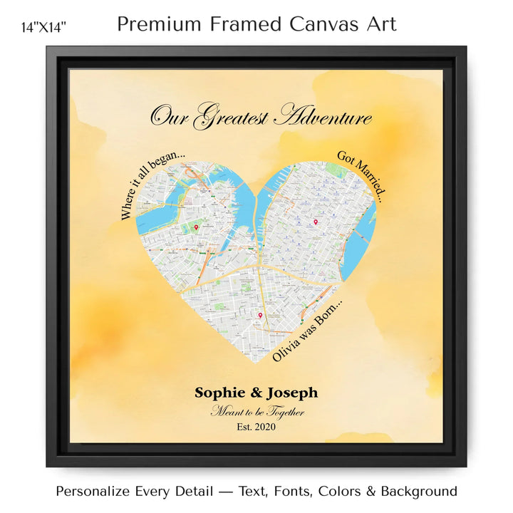 Personalized heart map print showing three meaningful locations with custom title, labels, names, and date - 14x14 framed canvas-ARTFULANE