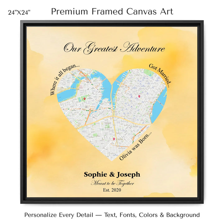 Personalized heart map print showing three meaningful locations with custom title, labels, names, and date - 24x24 framed canvas-ARTFULANE