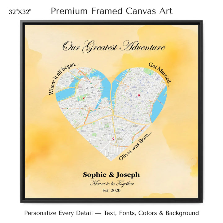 Personalized heart map print showing three meaningful locations with custom title, labels, names, and date - 32x32 framed canvas-ARTFULANE