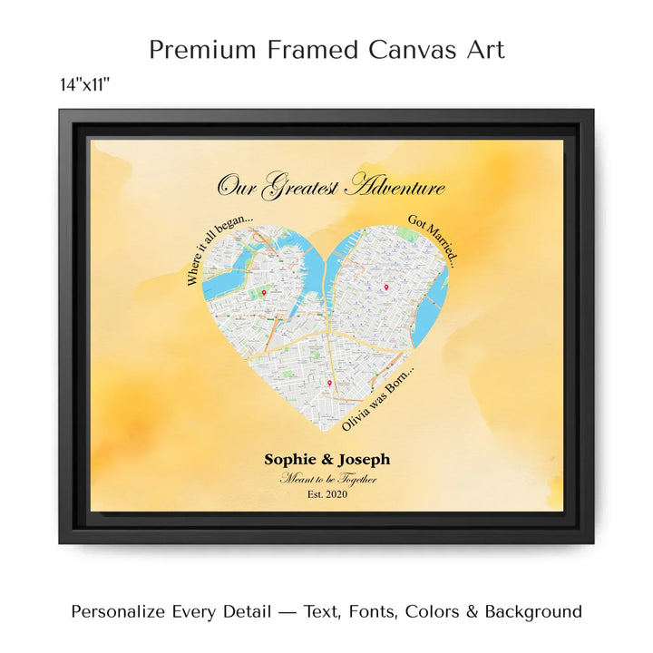 Personalized heart map print showing three meaningful locations with custom title, labels, names, and date - 14x11 framed canvas-ARTFULANE