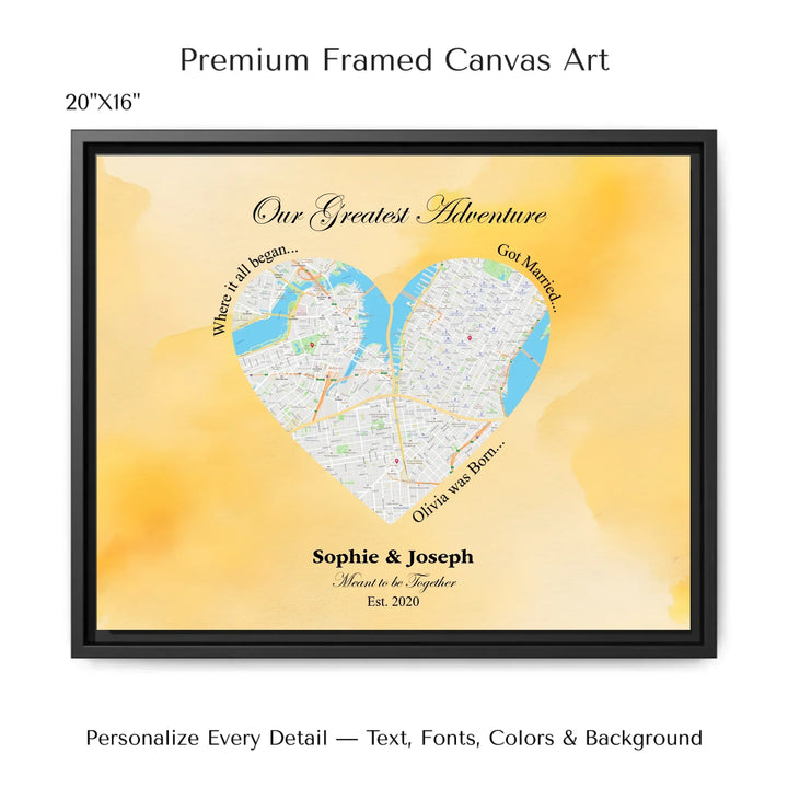Personalized heart map print showing three meaningful locations with custom title, labels, names, and date - 20x16 framed canvas-ARTFULANE