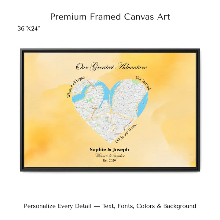 Personalized heart map print showing three meaningful locations with custom title, labels, names, and date - 36x24 framed canvas-ARTFULANE