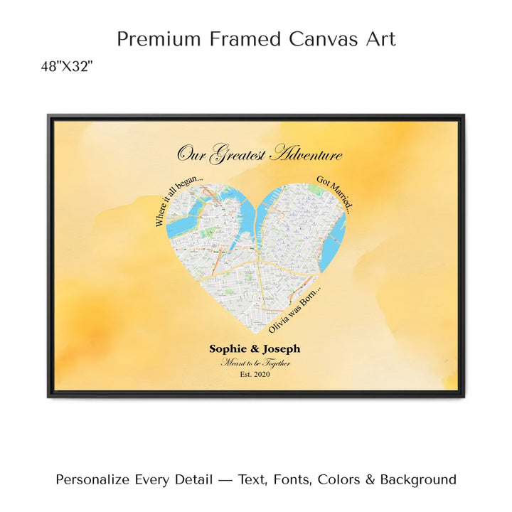 Personalized heart map print showing three meaningful locations with custom title, labels, names, and date - 48x32 framed canvas-ARTFULANE