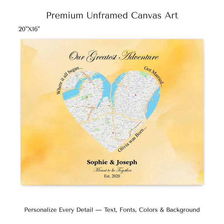 Personalized heart map print showing three meaningful locations with custom title, labels, names, and date - 20x16 stretched canvas-ARTFULANE