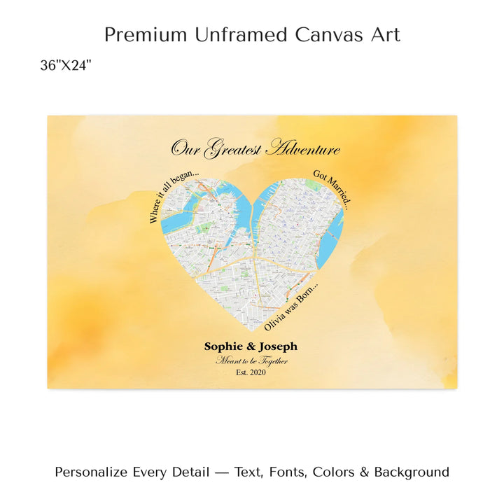 Personalized heart map print showing three meaningful locations with custom title, labels, names, and date - 36x24 stretched canvas-ARTFULANE
