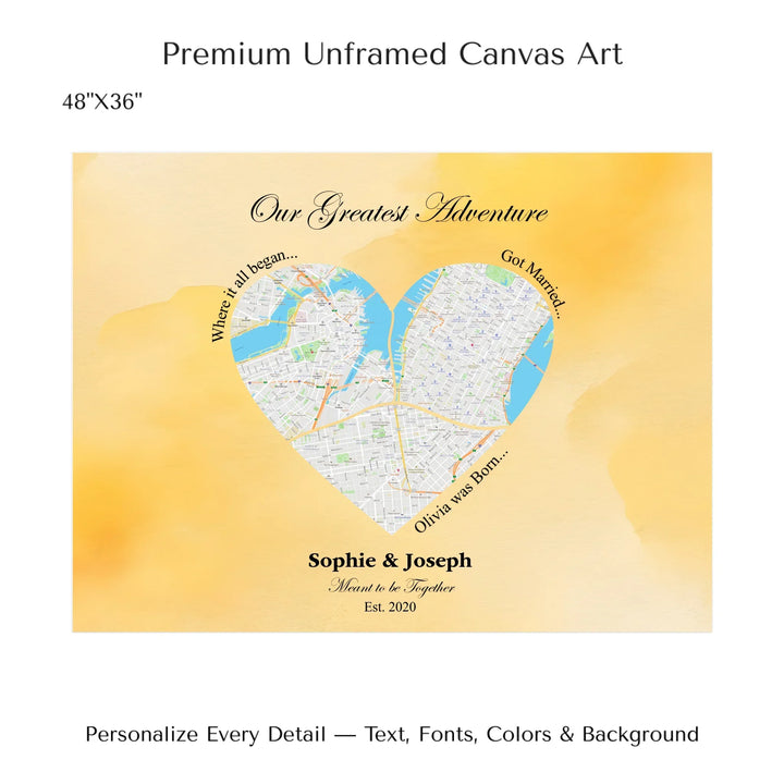 Personalized heart map print showing three meaningful locations with custom title, labels, names, and date - 48x36 stretched canvas-ARTFULANE
