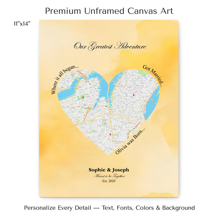 Personalized heart map print showing three meaningful locations with custom title, labels, names, and date - 11x14 stretched canvas-ARTFULANE