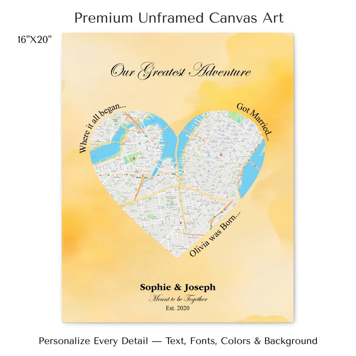 Personalized heart map print showing three meaningful locations with custom title, labels, names, and date - 16x20 stretched canvas-ARTFULANE