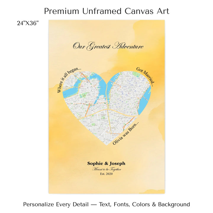 Personalized heart map print showing three meaningful locations with custom title, labels, names, and date - 24x36 stretched canvas-ARTFULANE