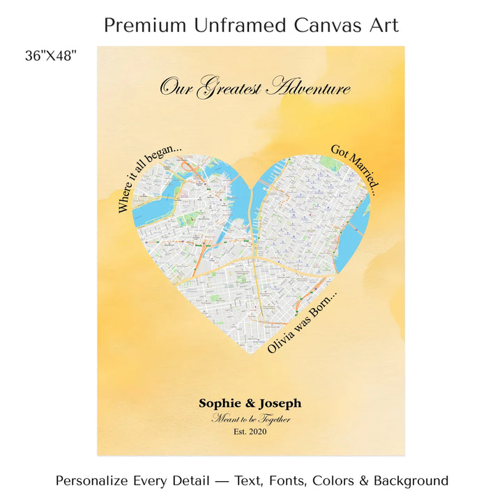 Personalized heart map print showing three meaningful locations with custom title, labels, names, and date - 36x48 stretched canvas-ARTFULANE