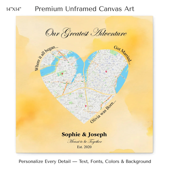 Personalized heart map print showing three meaningful locations with custom title, labels, names, and date - 14x14 stretched canvas-ARTFULANE