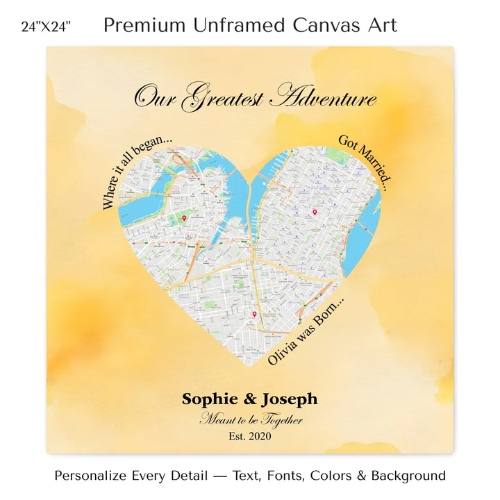 Personalized heart map print showing three meaningful locations with custom title, labels, names, and date - 24x24 stretched canvas-ARTFULANE