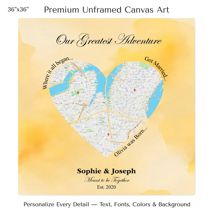 Personalized heart map print showing three meaningful locations with custom title, labels, names, and date - 36x36 stretched canvas-ARTFULANE