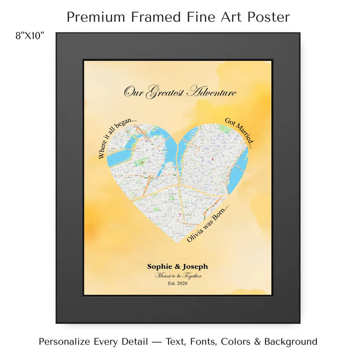 Personalized heart map print showing three meaningful locations with custom title, labels, names, and date - 8x10 framed poster-ARTFULANE