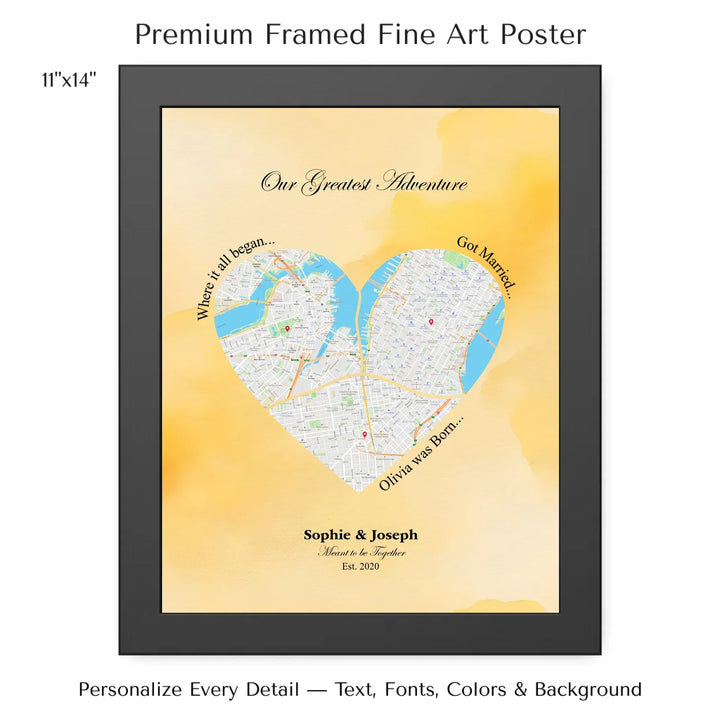 Personalized heart map print showing three meaningful locations with custom title, labels, names, and date - 11x14 framed poster-ARTFULANE