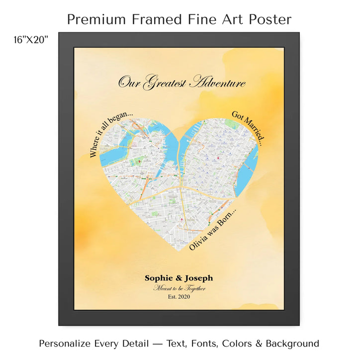 Personalized heart map print showing three meaningful locations with custom title, labels, names, and date - 16x20 framed poster-ARTFULANE