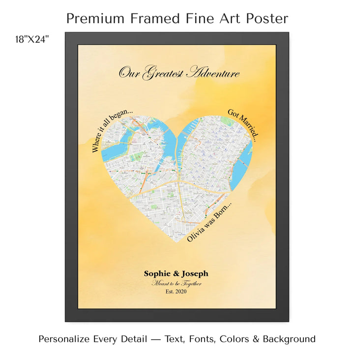 Personalized heart map print showing three meaningful locations with custom title, labels, names, and date - 18x24 framed poster-ARTFULANE