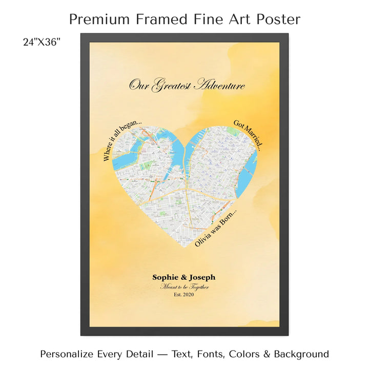 Personalized heart map print showing three meaningful locations with custom title, labels, names, and date - 24x36 framed poster-ARTFULANE