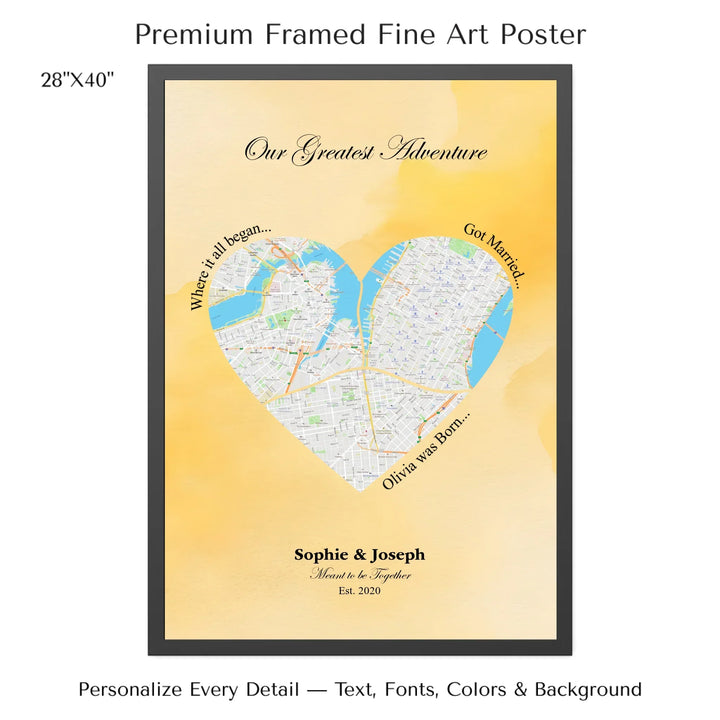 Personalized heart map print showing three meaningful locations with custom title, labels, names, and date - 28x40 framed poster-ARTFULANE