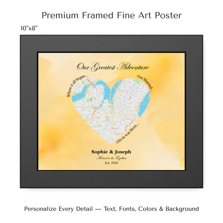 Personalized heart map print showing three meaningful locations with custom title, labels, names, and date - 10x8 framed poster-ARTFULANE